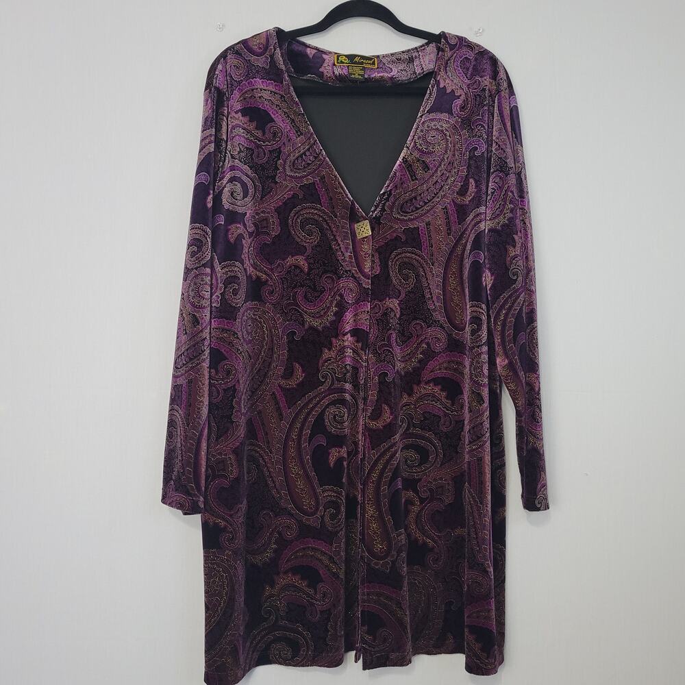 Mirasol Velvet Paisley Longline One Button Cardigan Top sz 1X Purple Whimsigoth